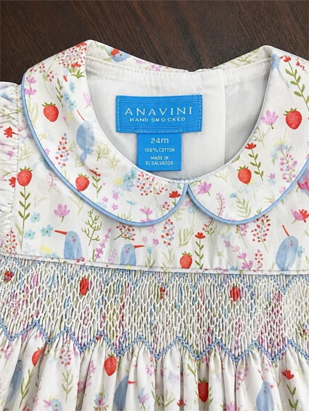 Anavini Girls 24M Hand Smocked Dress Strawberry Bird Floral Peter Pan Collar - Picture 2 of 6